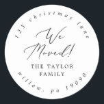 Delicate We Moved Circular Return Address Classic Round Sticker<br><div class="desc">These delicate we moved circular return address stickers are perfect for a modern holiday card or moving announcement envelope. The romantic minimalist design features lovely and elegant black typography on a white background with a clean and simple look.</div>