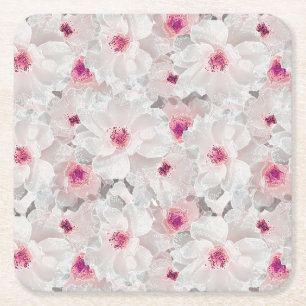 Delicate white and pink floral square paper coaster