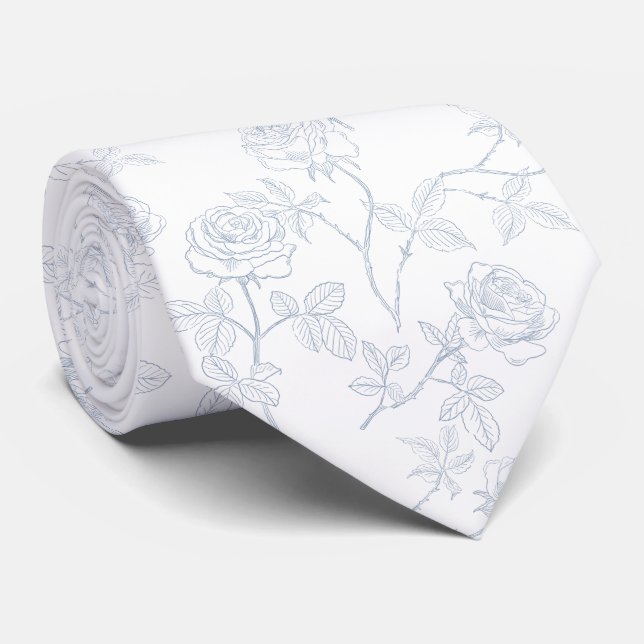 Delicate white blue roses tie (Rolled)