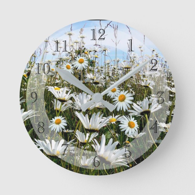 Delicate White Daisies Round Clock (Front)