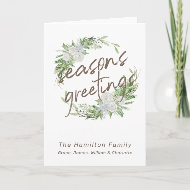 Delicate White Floral Christmas Wreath Holiday Card (Front)