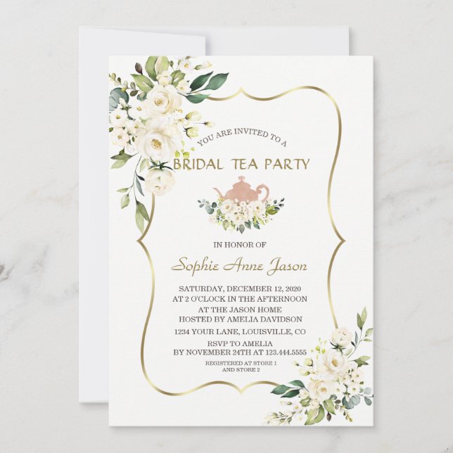 Delicate White Flowers Gold Bridal Tea Party Invitation (Front)