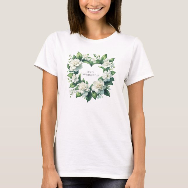 Delicate white gardenia heart wreath Mother's Day T-Shirt (Front)