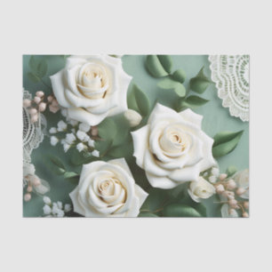 Delicate White Roses And Green Leaves Tissue Paper