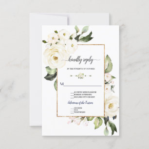 Delicate White Roses Gold Frame Wedding RSVP Card