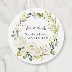 Delicate White Roses Hydrangea Gold Wedding Favour Tags