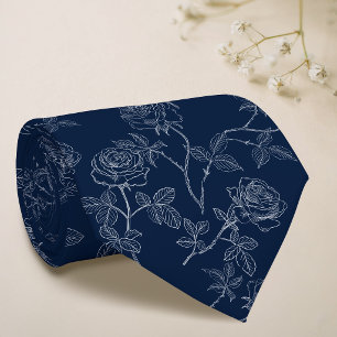 Delicate white roses on midnight blue tie