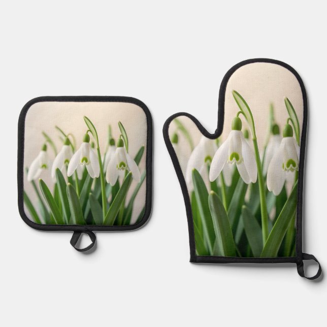 Delicate White Snowdrop Flowers Spring Bloom Oven Mitt & Pot Holder Set (Front)