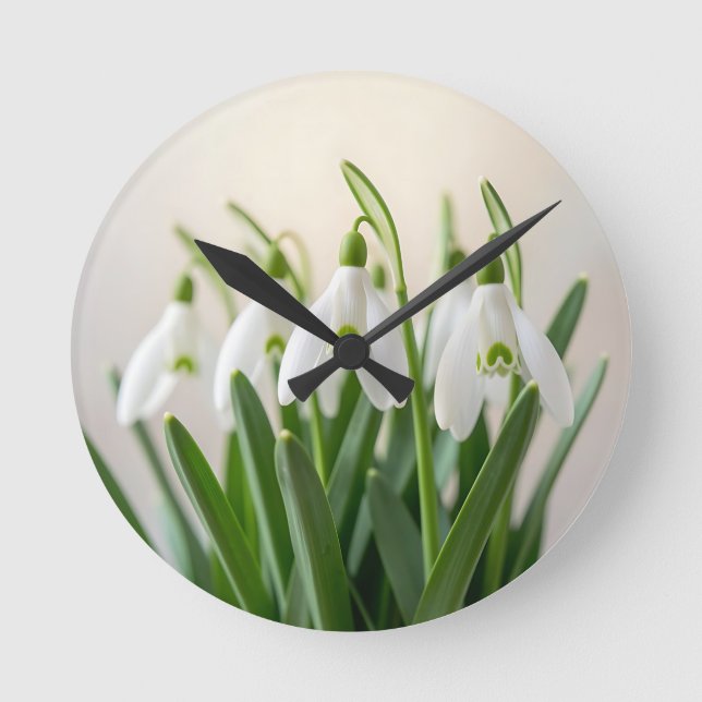 Delicate White Snowdrop Flowers Spring Bloom Round Clock (Front)