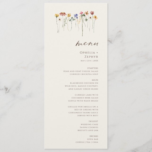 Delicate Wildflower | Beige Garden Wedding Dinner Menu (Front)