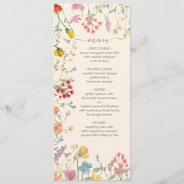 Delicate wildflower floral garden Wedding  Menu (Front)