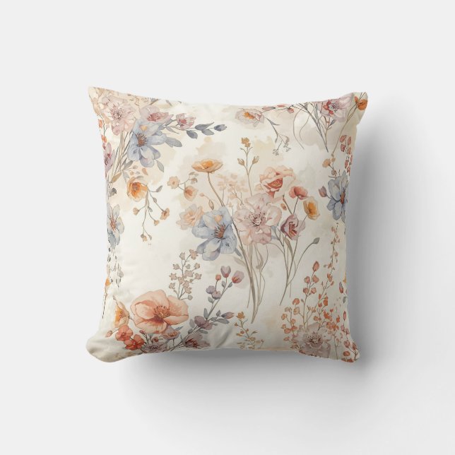 Delicate Wildflower Meadow Soft Pastel Floral Throw Pillow (Front)