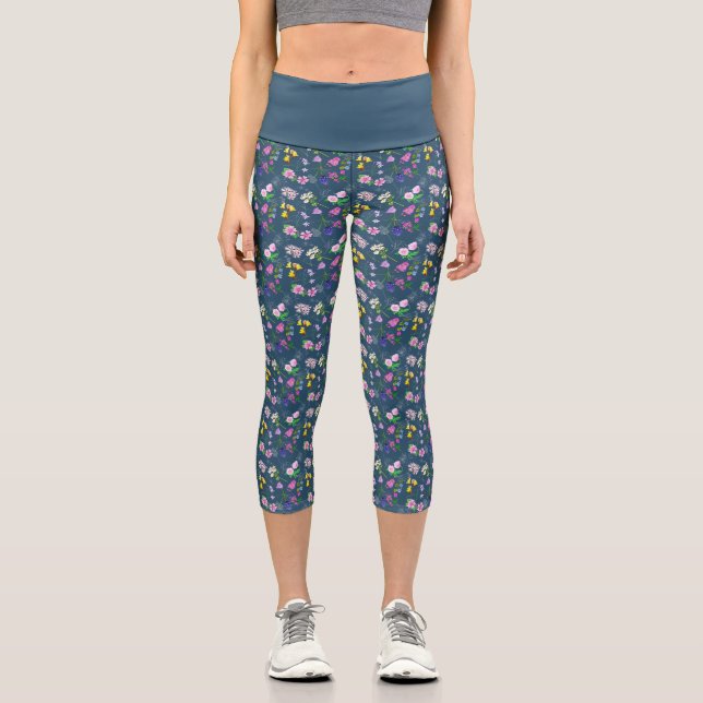 Delicate wildflower print in watercolour on blue capri leggings (Front)