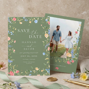 Delicate Wildflower Sage Green Photo Wedding Save The Date
