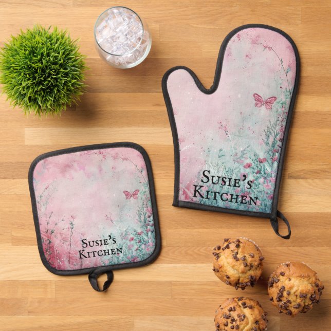 Delicate Wildflowers and Butterfly Personalized Oven Mitt & Pot Holder Set (Top Down)