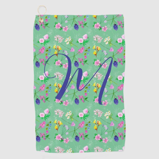 Delicate wildflowers in mint green. Custom Golf Towel (Front)