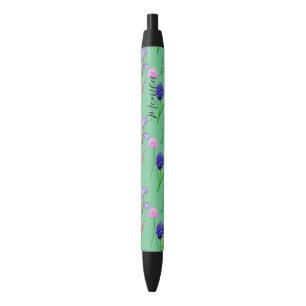 Delicate wildflowers in mint watercolours black ink pen