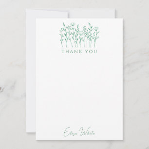 Delicate Wildflowers Line Art Green Custom  Thank You Card