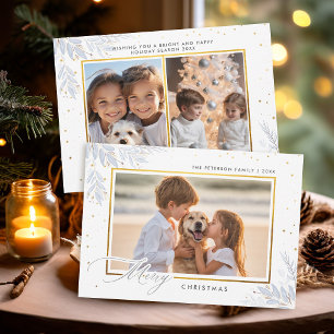 Delicate Winter Greenery Gold Kids Photo Christmas Holiday Card