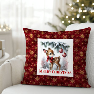 Delicate winter scene baby fawn Christmas pillow 