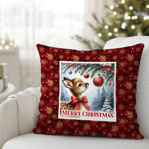 Delicate winter scene baby fawn snowy kids room  throw pillow