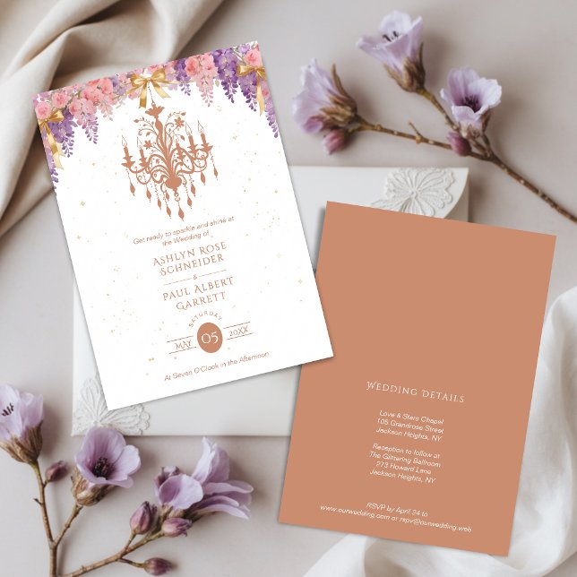 Delicate Wisteria & Exquisite Vintage Chandelier Invitation (Delicate Wisteria & Exquisite Vintage Empire Style Chandelier Wedding Invitation Card Design.)