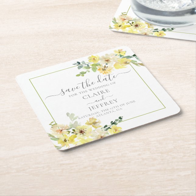 Delicate Yellow Floral Sage Green Save the Date Square Paper Coaster (Angled)