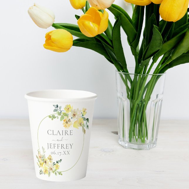 Delicate Yellow Floral Sage Green Summer Wedding Paper Cups (Creator Uploaded)