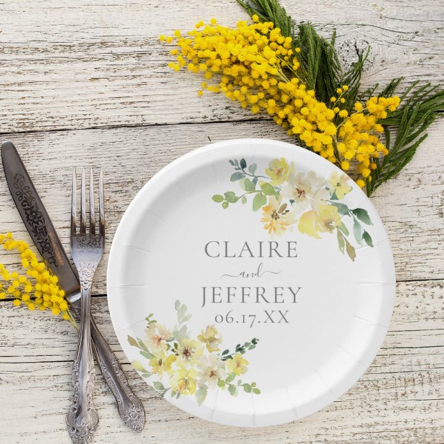 Delicate Yellow Floral Sage Green Summer Wedding Paper Plate (Creator Uploaded)