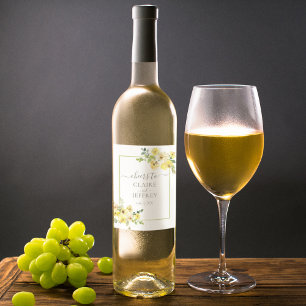 Delicate Yellow Floral Sage Green Summer Wedding Wine Label