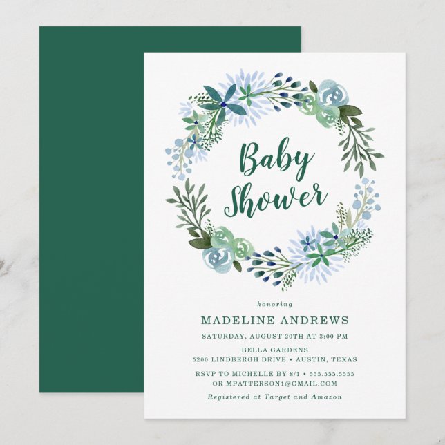 Délicieux floral | Invitation au Baby shower vert (Devant / Derrière)
