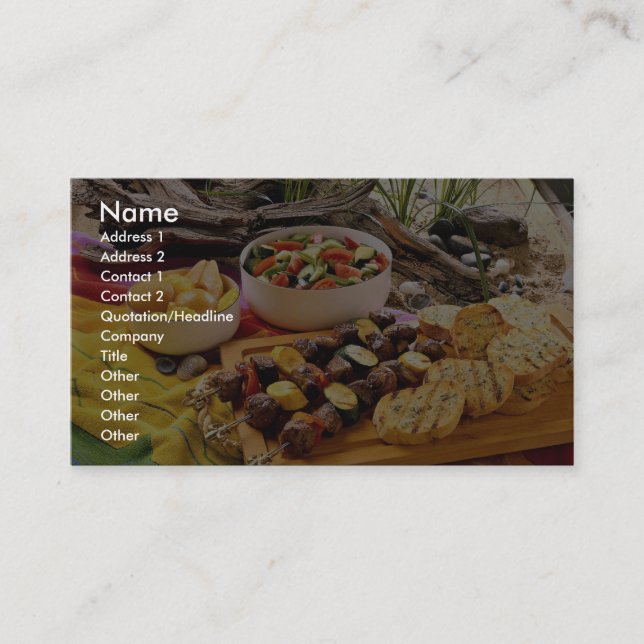 Delicious Beef shish kabob with salads Business Card (Front)