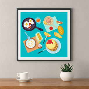 Delicious Breakfast Pancakes Eggs Coffee  Poster