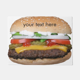 delicious cheeseburger with pickles photograph doormat