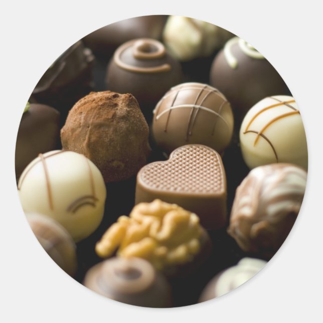 Delicious chocolate pralines classic round sticker (Front)