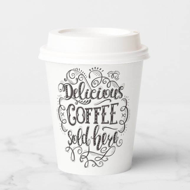 Delicious Coffee Sold Here | Add Your Logo Paper Cups (Front)