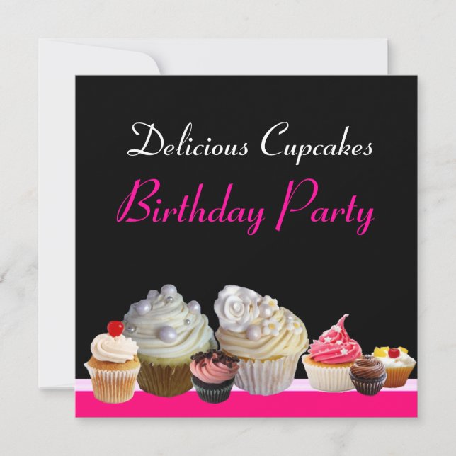DELICIOUS CUPCAKES BIRTHDAY PARTY pink red black Invitation (Front)