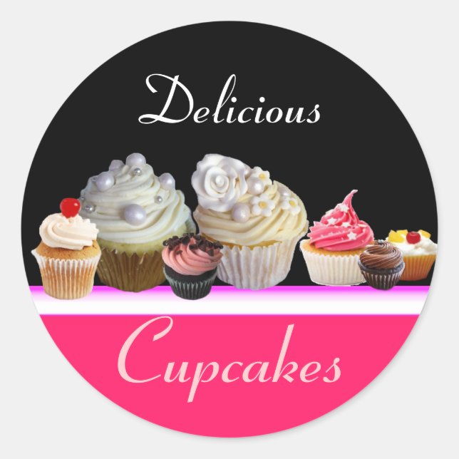 DELICIOUS CUPCAKES BIRTHDAY PARTY ,red pink black Classic Round Sticker (Front)