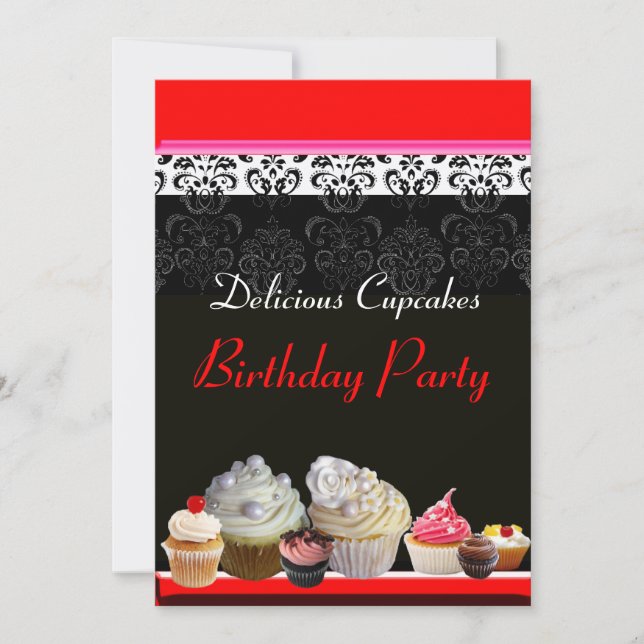 DELICIOUS CUPCAKES BIRTHDAY PARTY ,red pink black Invitation (Front)
