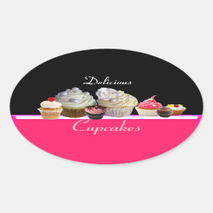 DELICIOUS CUPCAKES BIRTHDAY PARTY ,red pink black Oval Sticker