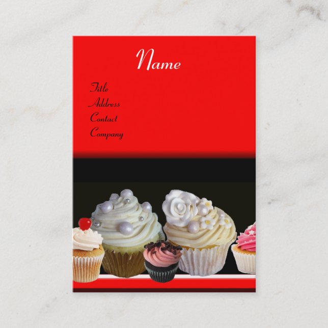 DELICIOUS CUPCAKES DESERT SHOP, black red Business Card (Front)