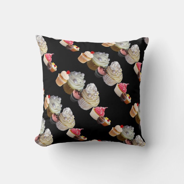 DELICIOUS CUPCAKES DESERT SHOP, Pink Black Fuchsia Throw Pillow (Front)