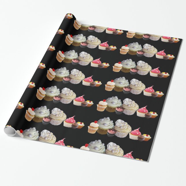 DELICIOUS CUPCAKES DESERT SHOP, Pink Black Red Wrapping Paper (Unrolled)