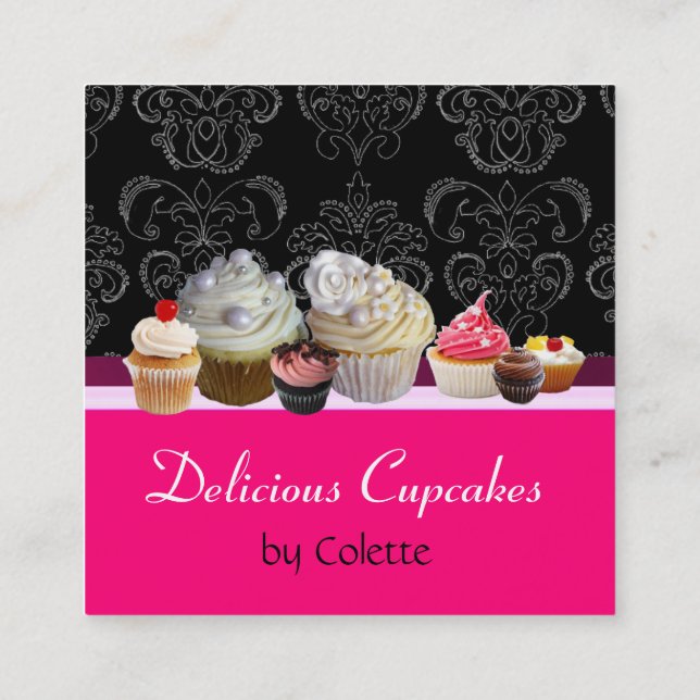 DELICIOUS CUPCAKES,DESERTS,Hot Pink Black Damask Square Business Card (Back)