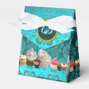 DELICIOUS CUPCAKES TEAL DAMASK BLUE GEM MONOGRAM FAVOR BOX