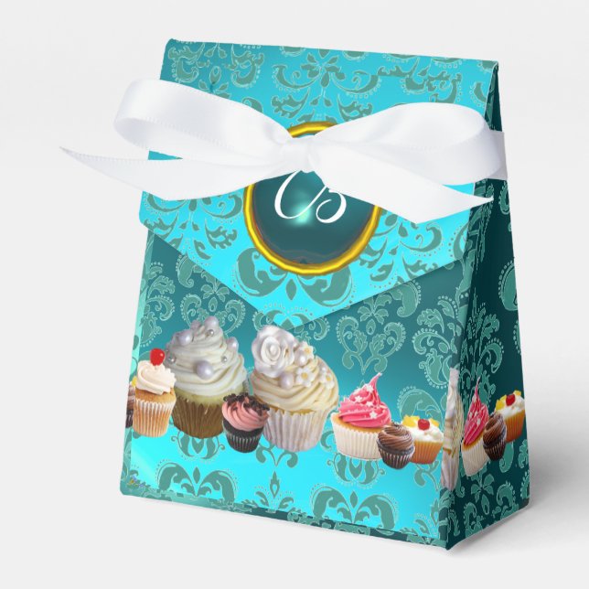 DELICIOUS CUPCAKES TEAL DAMASK BLUE GEM MONOGRAM FAVOR BOX (Front Side)