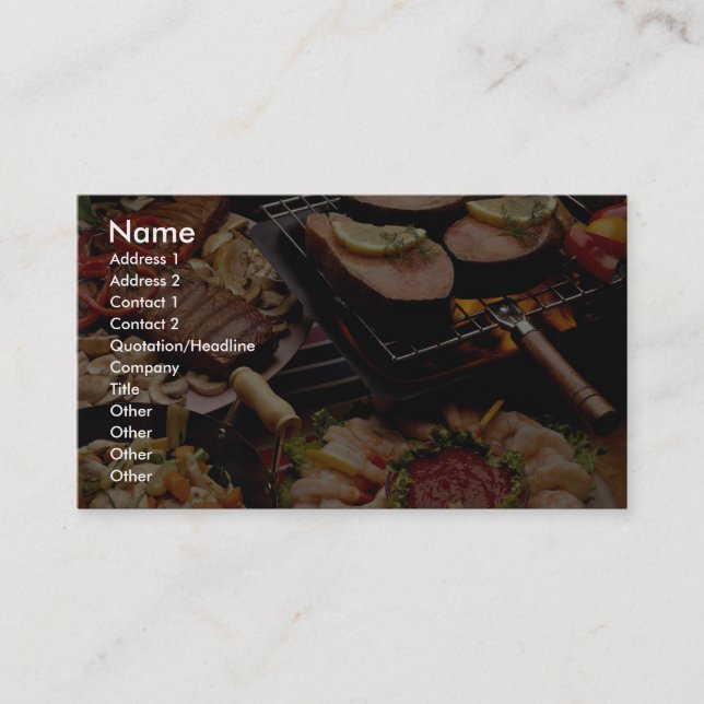 Delicious Grilled salmon, beef steaks and cocktail Business Card (Front)