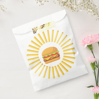 Delicious hamburger with fries favour bag