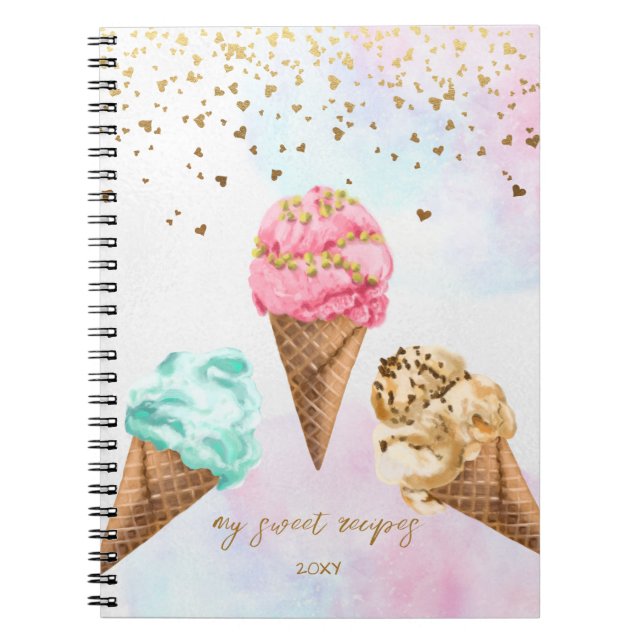 Delicious Ice Cream Gold Glitter Girl Recipe Notebook (Front)