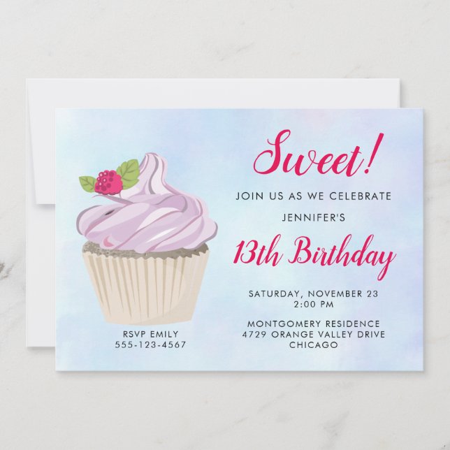 Delicious Pink Cupcake Berry on Top Birthday Invitation (Front)
